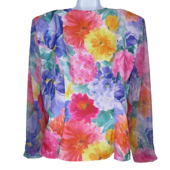 Vintage Floral Peplum Jacket Blouse Blazer Chiffon Sleeve Buttons Shoulder Pads - Picture 10 of 13